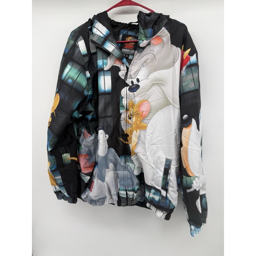 Members Only Tom & Jerry Jacket Men XL All Over Print Hooded Windbreaker